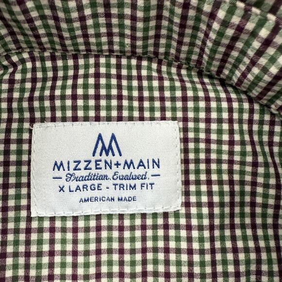 Mizzen Main Shirt Mens XL Trim Fit Green Burgundy Plaid Performance Stretch USA - Picture 3 of 9